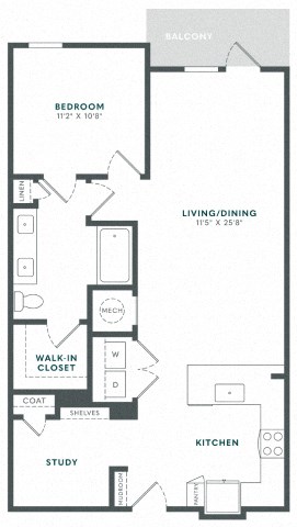 Floor plan for 1 bed, 1 bath, 940 sqft